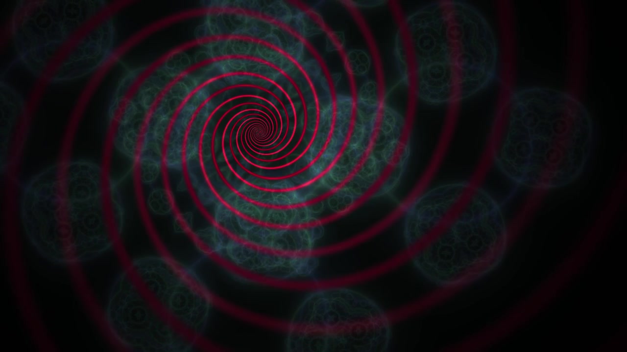 Spirale rossa ipnotica che ruota con motivi frattali astratti incandescenti