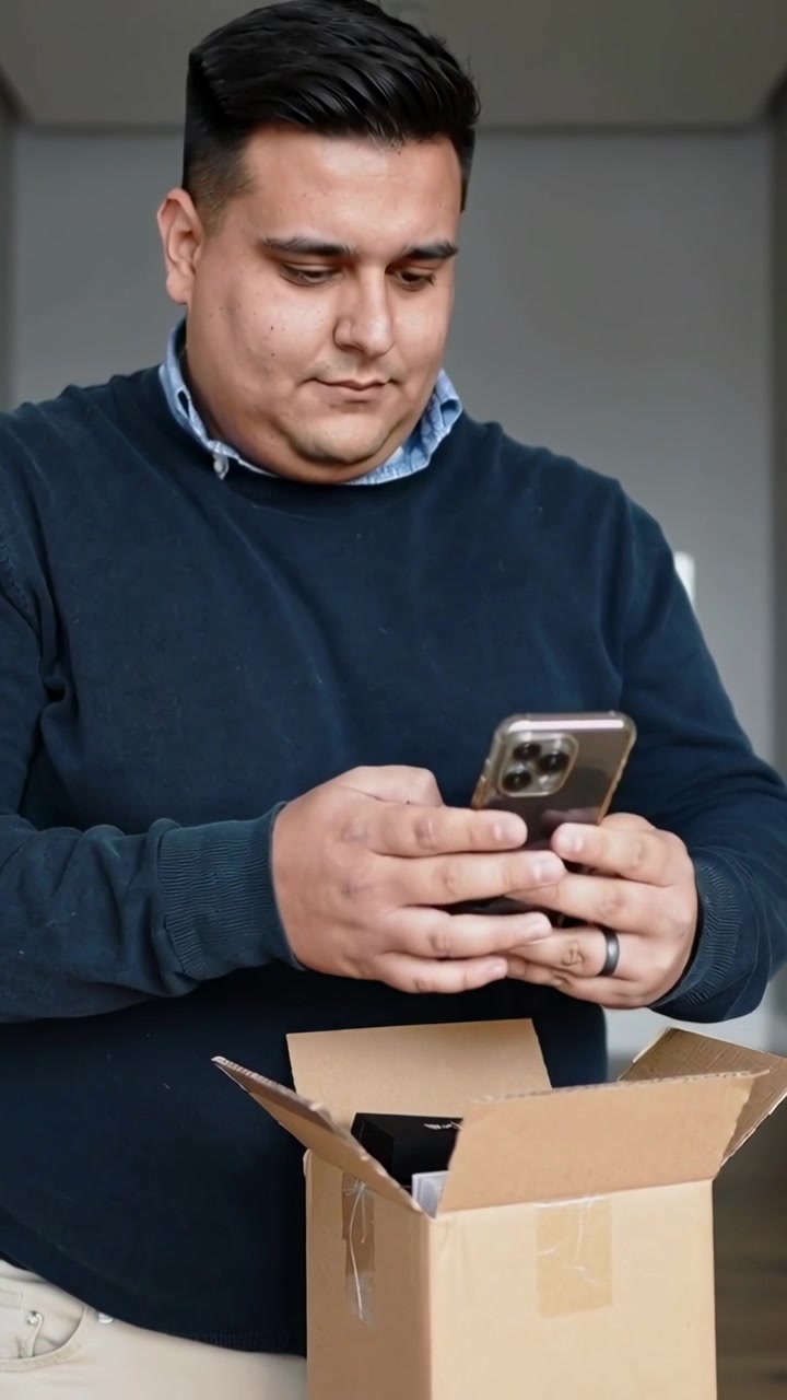 Video vertical: Desplegando una caja, hombre con suéter azul marino levantando un smartphone y configurando en casa.