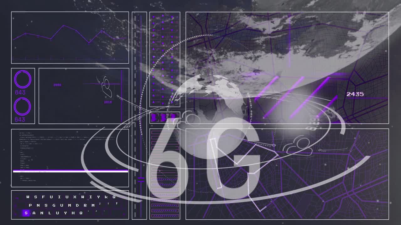 animación del procesamiento de datos con texto de 6g y globo sobre fondo negro