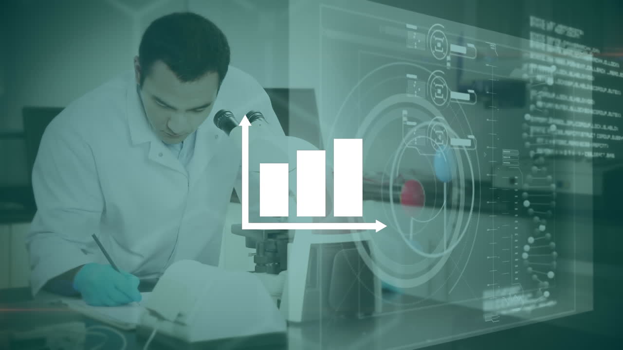 animación del procesamiento de datos científicos sobre un científico caucásico en el laboratorio.