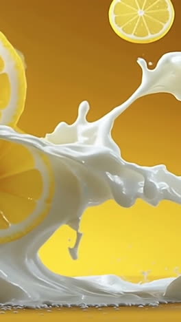 lemon ice cream splashing in creamy milk. lemon ice cream splashes in milk, surrounded by lemon slices on a cheerful yellow background.