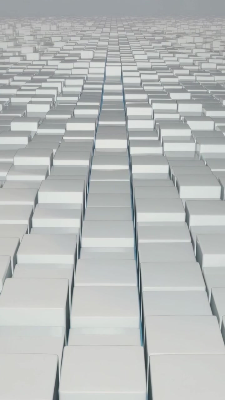 Vertical video: Advancing camera showing white block grid on plane with blue channel for depth