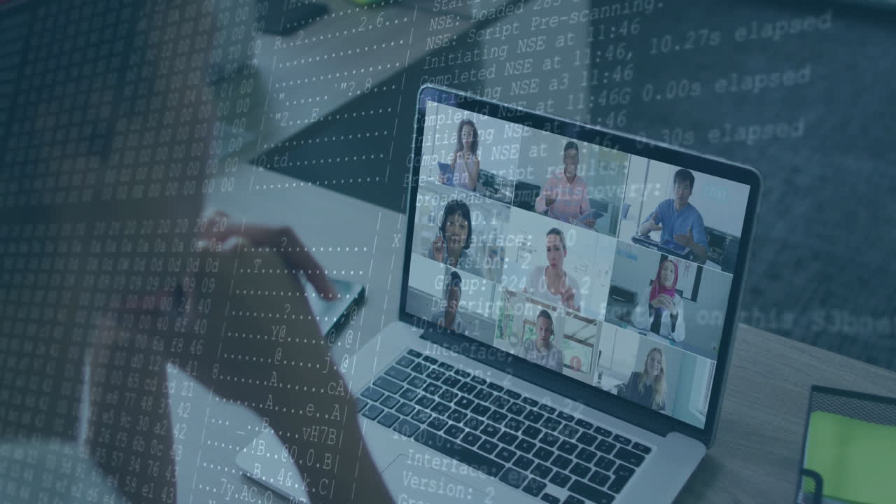 Video call on laptop screen with coding animation overlaying participants