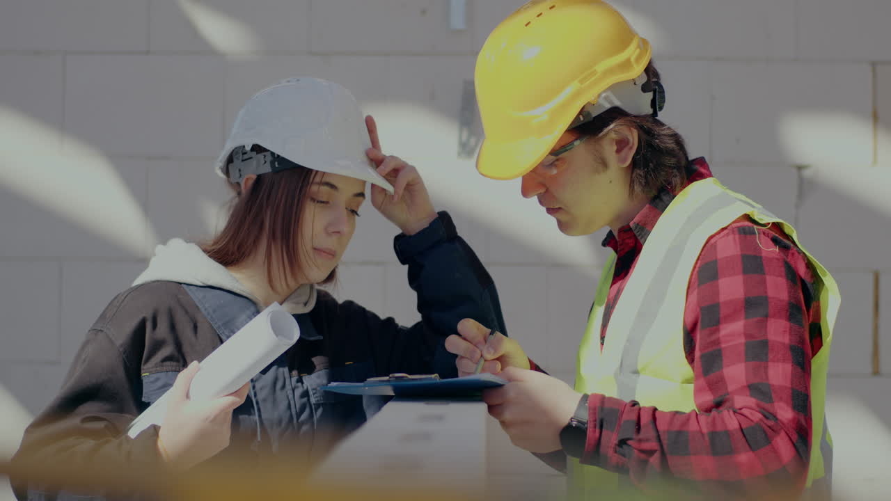 Confident young male contractor writing on clipboard while discussing with architect standing around wall at construction site