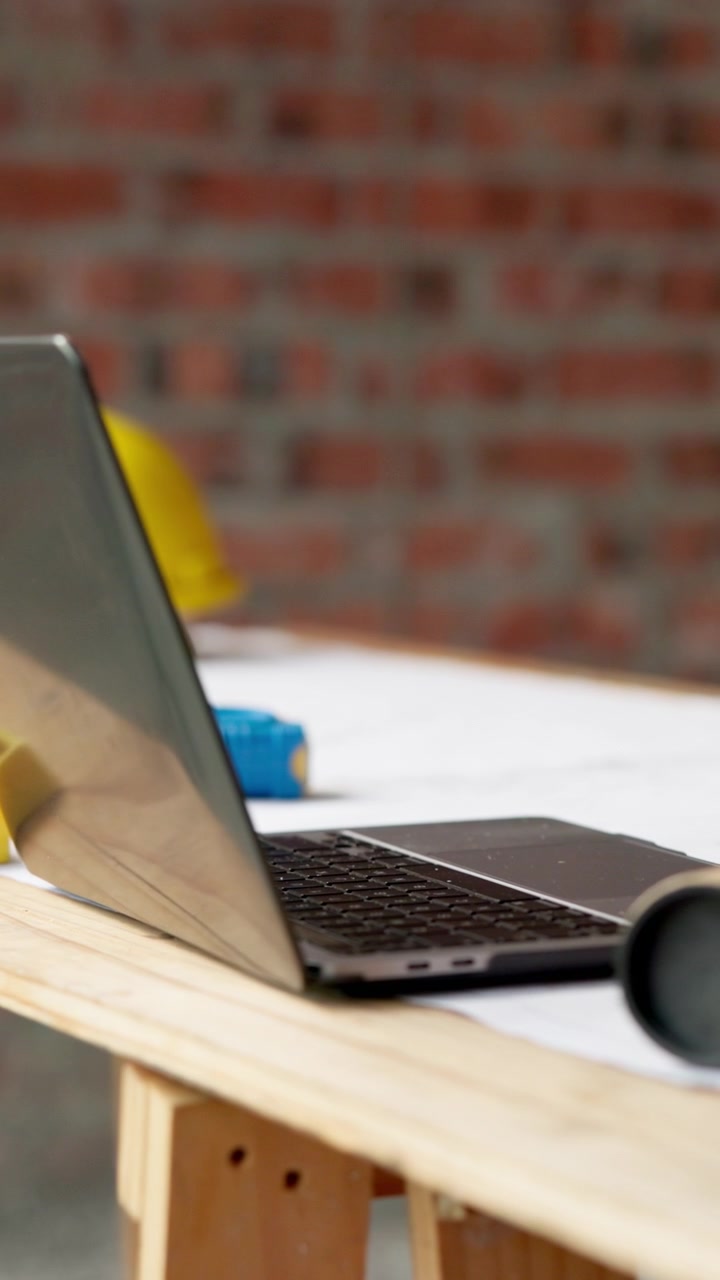 Laptop and Architectural Blueprints on a Wooden Desk