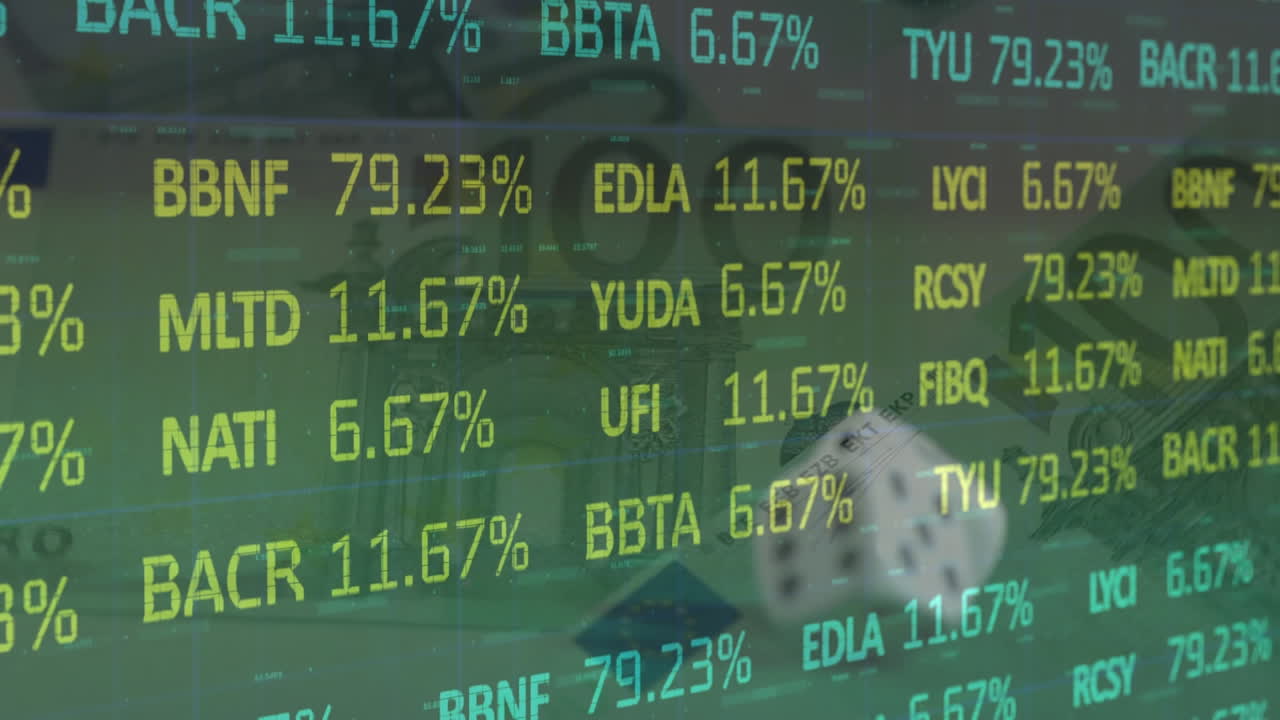 두 개의 주사위와 녹색 배경의 유로 통화 지폐에 대한 금융 데이터 처리 애니메이션