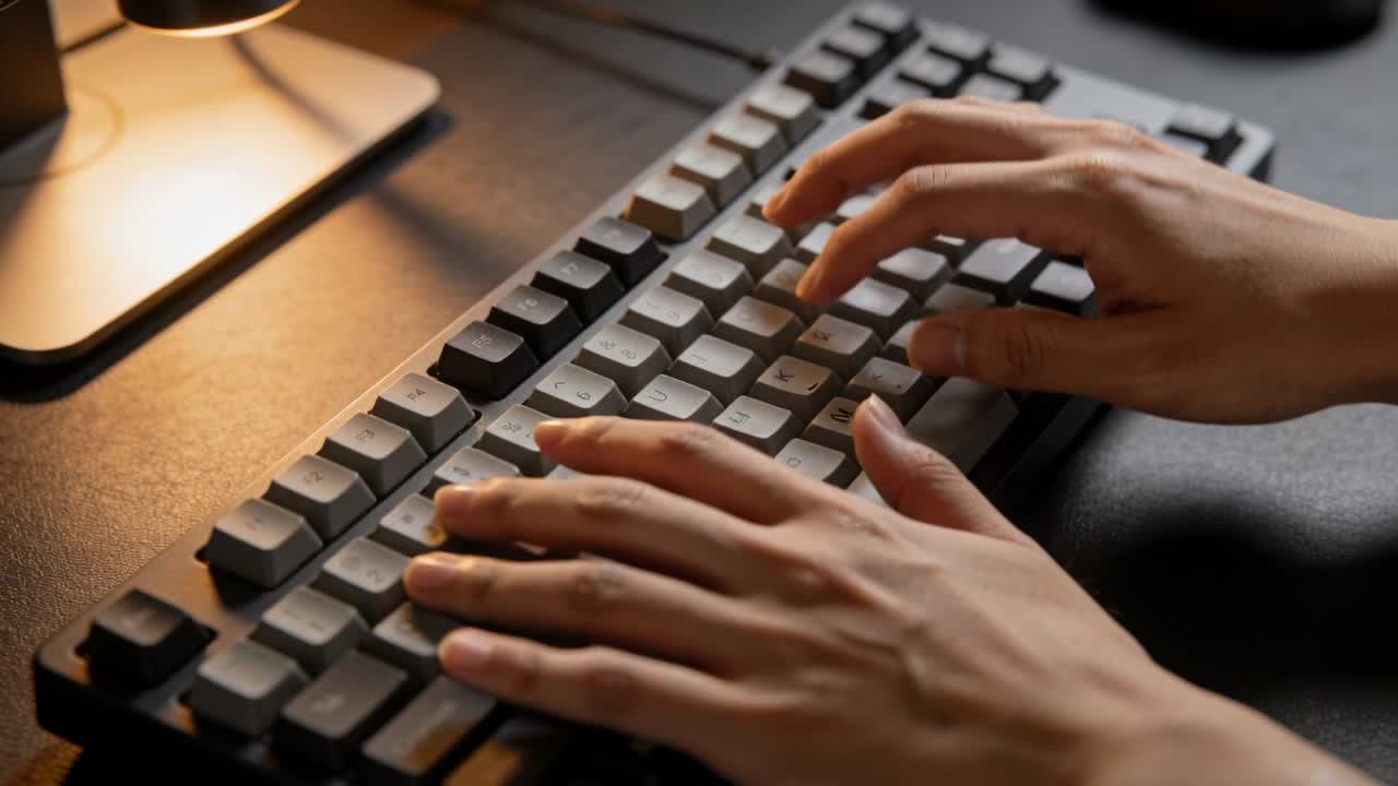 Placing hands on mechanical keyboard, typist's bare forearms tapping gray keycaps at desk, typing