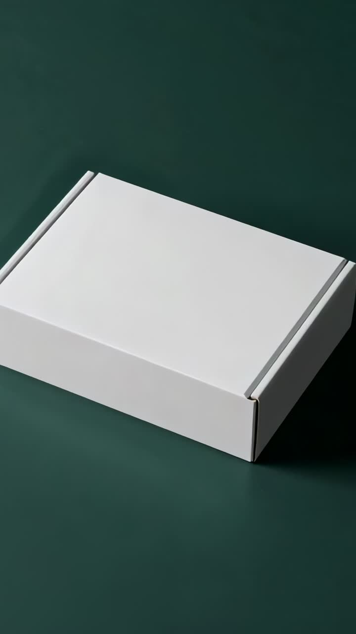 Vertical video: Rotating white cardboard box on dark green surface, revealing each face