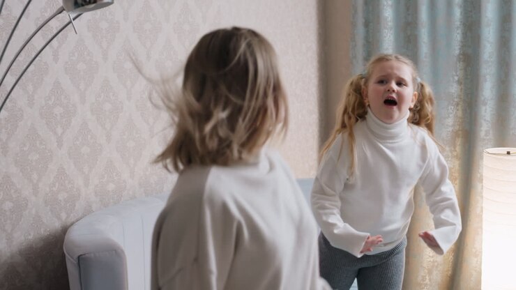 Mother and daughter in cozy white sweaters share energetic playful dance in bedroom, child with pigtails animatedly expressing joy while mother turns with movement, capturing happiness, bonding