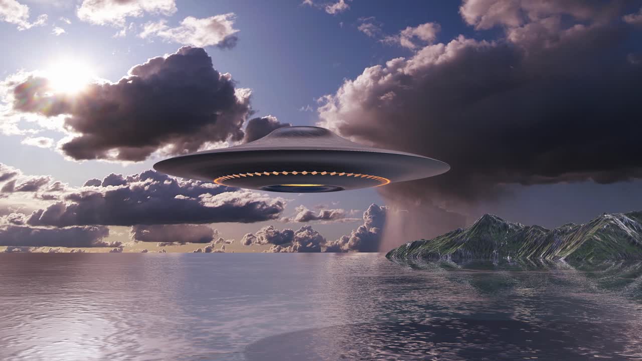 UFO over a stormy ocean landscape