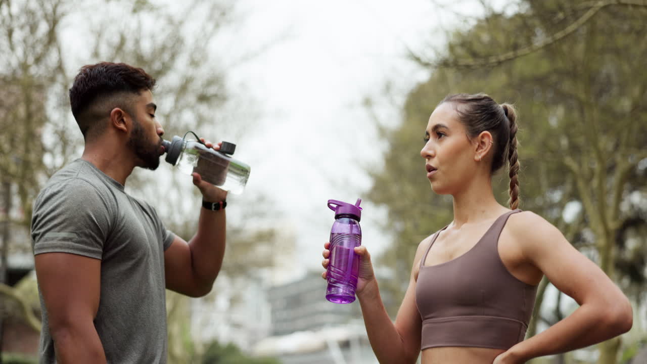 hombre, mujer y agua potable después del entrenamiento de la ciudad