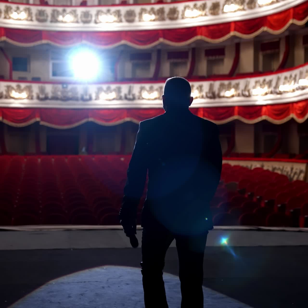 Actor on classic theatre stage. Man is speaking in spotlights during the performance. Back view video