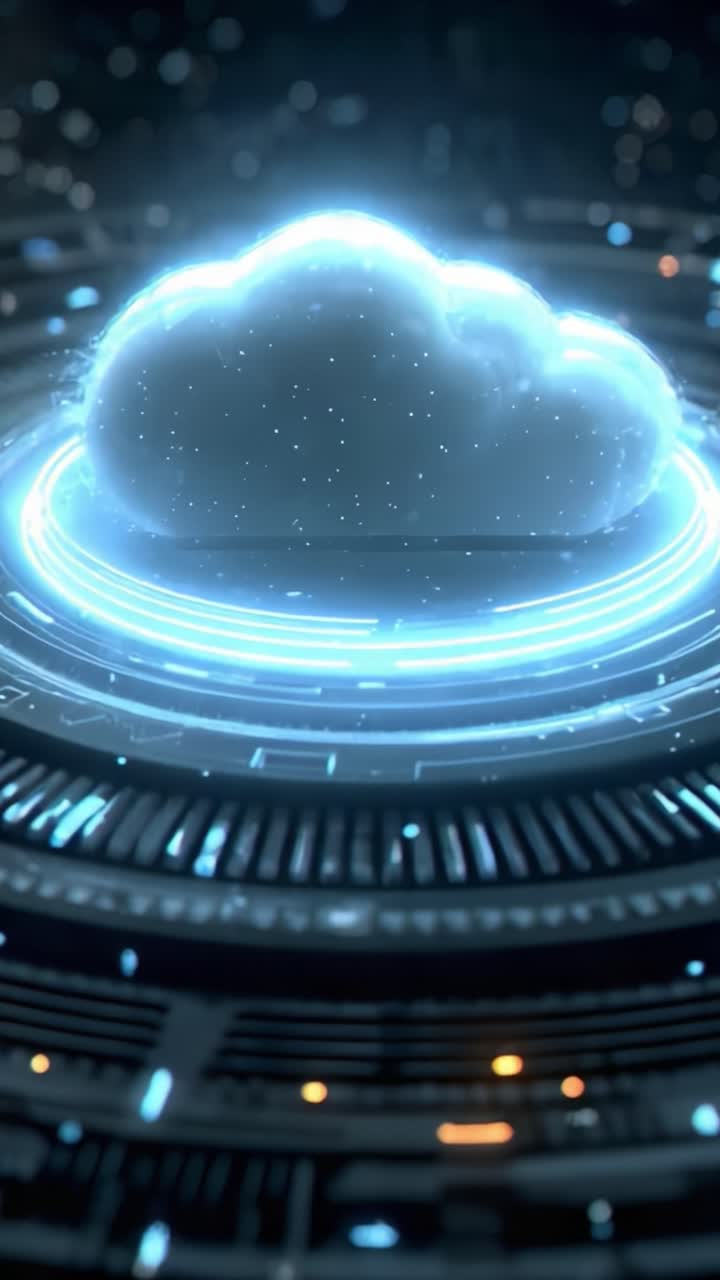 Futuristic Digital Cloud Formation Surrounded by a High-Tech Interface with Illuminated Elements in a Mystical Space Environment