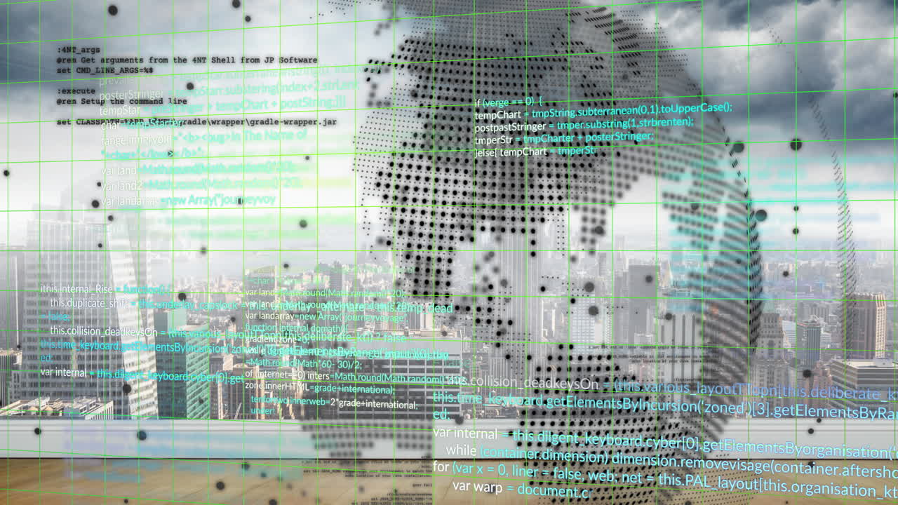 Animation of processing data over globe and cloudy cityscape