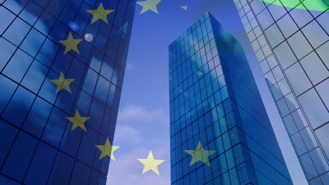 animation of european union flag over office buildings