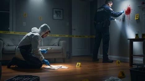 a crime scene investigation unfolds: forensic experts and police unite in a dimly lit room to uncover clues and evidence from a disturbing incident