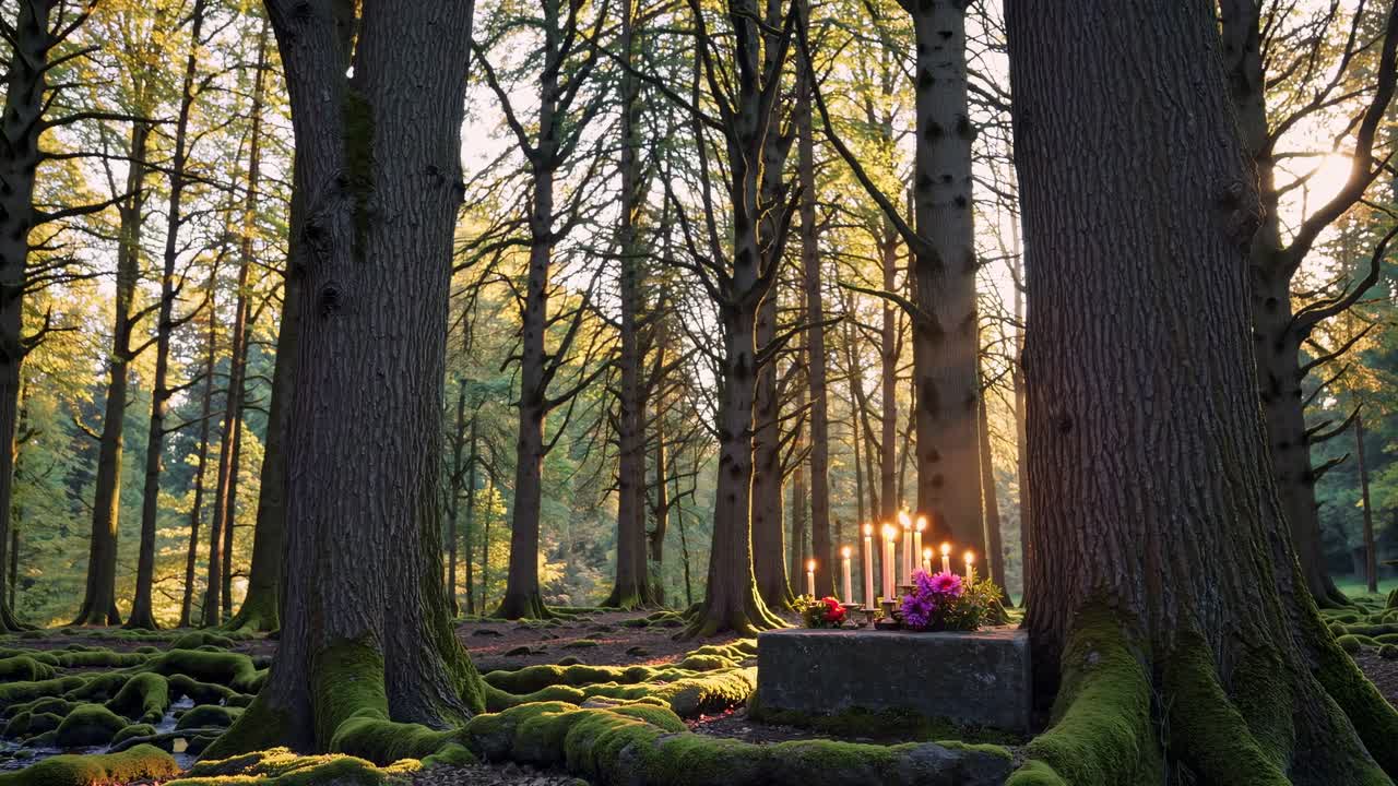 Una serena scena nel bosco a livello degli occhi, che cattura la luce del sole che filtra tra gli alberi su un terreno muschioso.