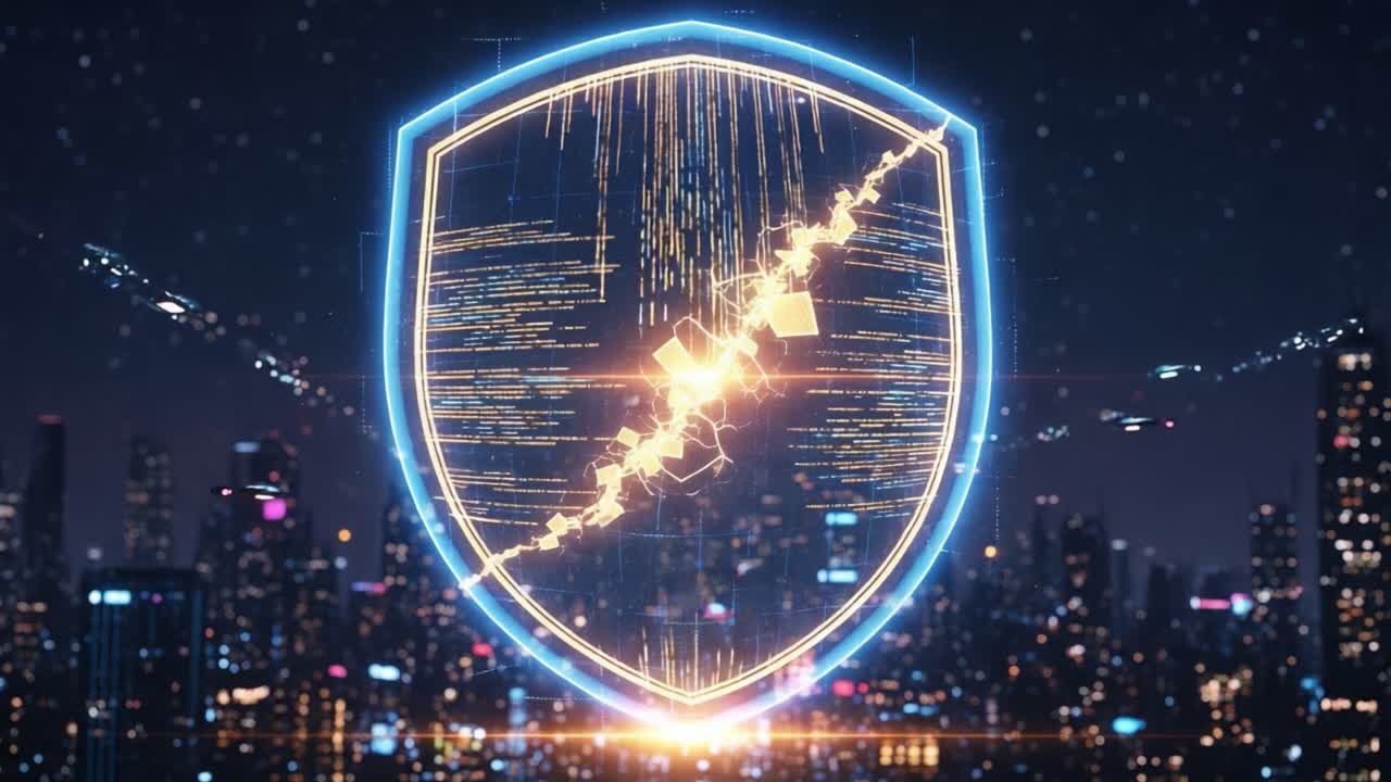 A Futuristic Digital Shield Symbolizing Cybersecurity in a High-Tech Urban Landscape, Illuminated by Glowing Data Streams Against a Night Sky with City Lights