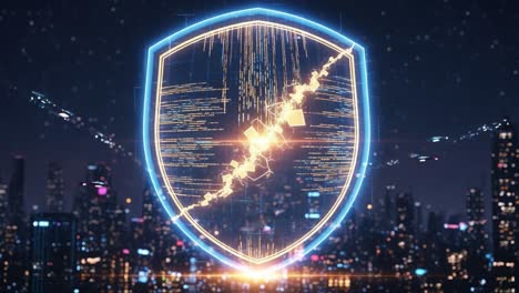 a futuristic digital shield symbolizing cybersecurity in a high-tech urban landscape, illuminated by glowing data streams against a night sky with city lights