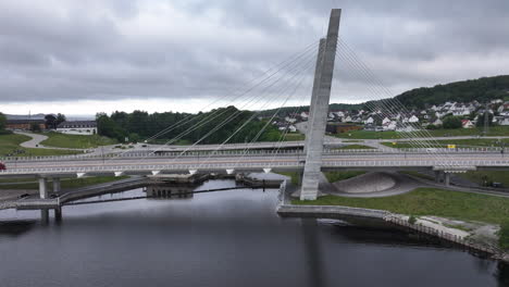 cable-stayed farrisbrua bridge in larvik, norway - aerial shot