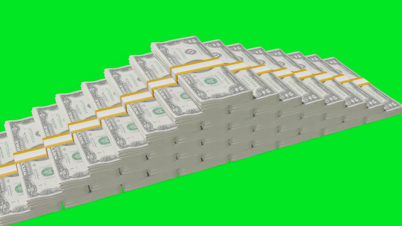 Many wads of money chromakey background. 2 US dollar banknotes. Stacks of money.