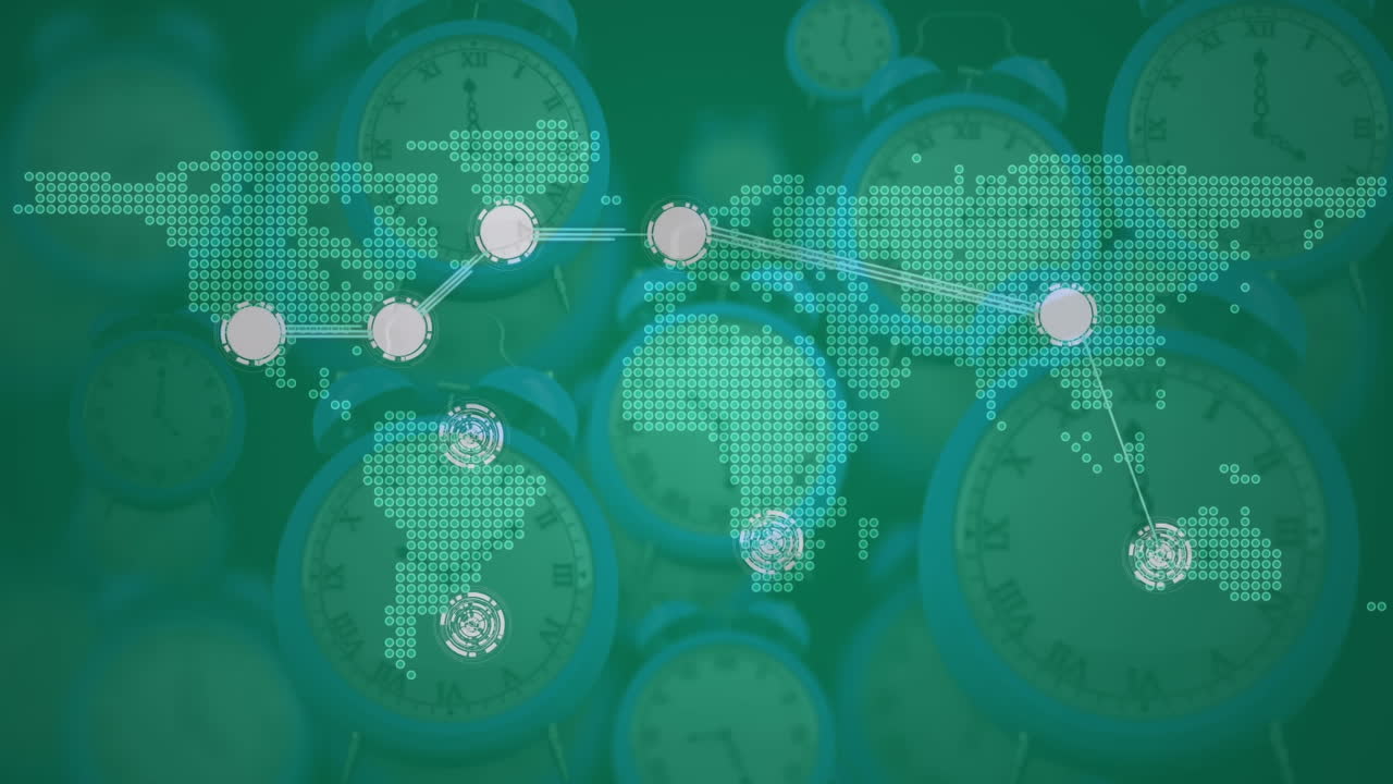 연결 네트워크와 세계 지도의 애니메이션이 여러 시계에 걸쳐 빠르게 움직입니다.