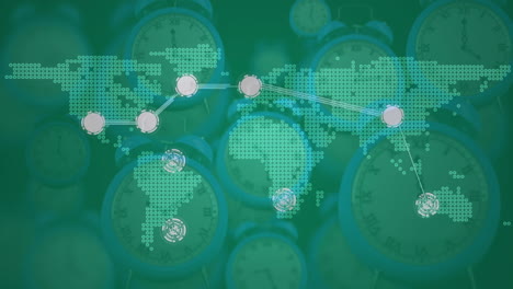 animation of networks of connections and world map over multiple clocks moving fast