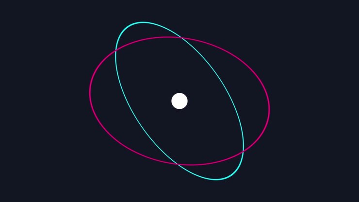 Animazione astratta di movimento orbitale con percorsi neon intersecanti e un concetto che va oltre i limiti su sfondo scuro, creando immagini di tecnologia futuristica