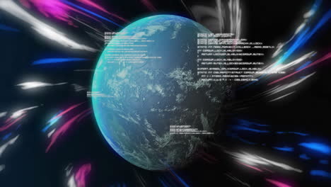 planet earth with coding text over colorful light streaks in space animation