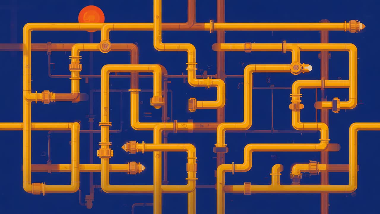 Rolling orange sphere moving along orange pipes with welded seams to center with frames advancing