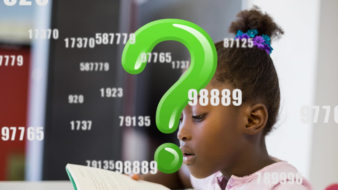 Animation of growing numbers and question mark over african american schoolgirl