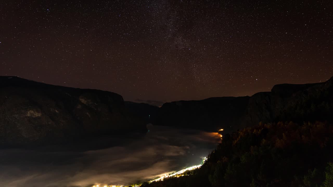 Time lapse video of a fjord in Aurland in Western Norway at night