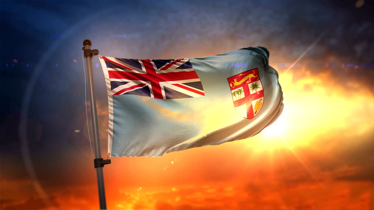 Fiji Flag Backlit At Beautiful Sunrise Loop Slow Motion 4K