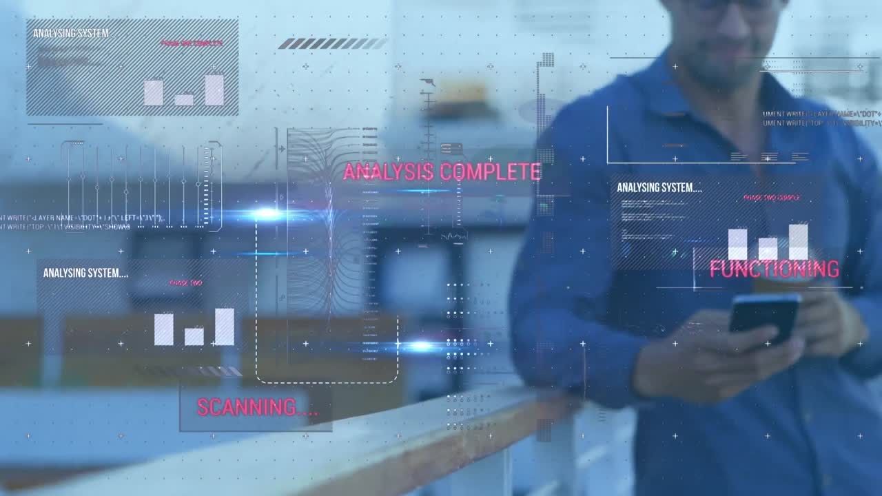Animation of statistics and data processing over man using smartphone