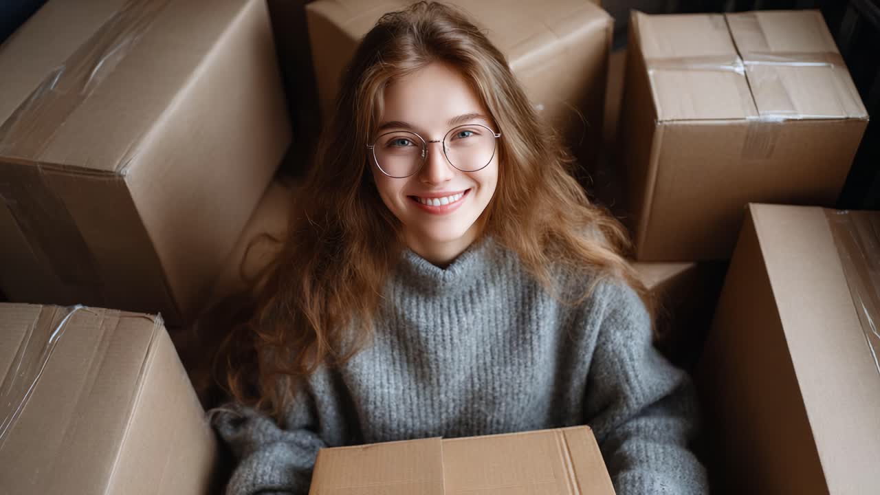 A cheerful young woman surrounded by numerous cardboard boxes, holding one in her hands, exuding happiness and excitement in a cozy indoor setting during an unboxing experience