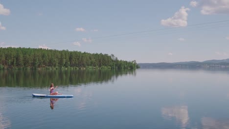 vista aérea de uma garota em um maiô roxo sentado em uma prancha de paddle surf no mar