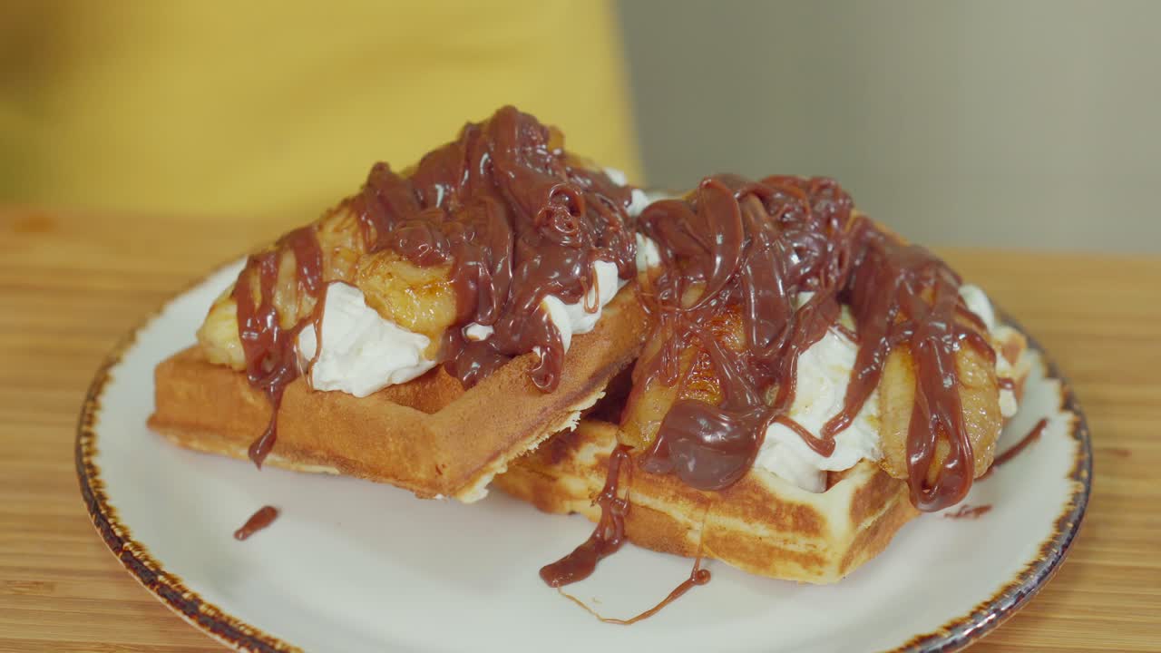 Chocolate Covered Banana Waffles with Whipped Cream and Blueberries