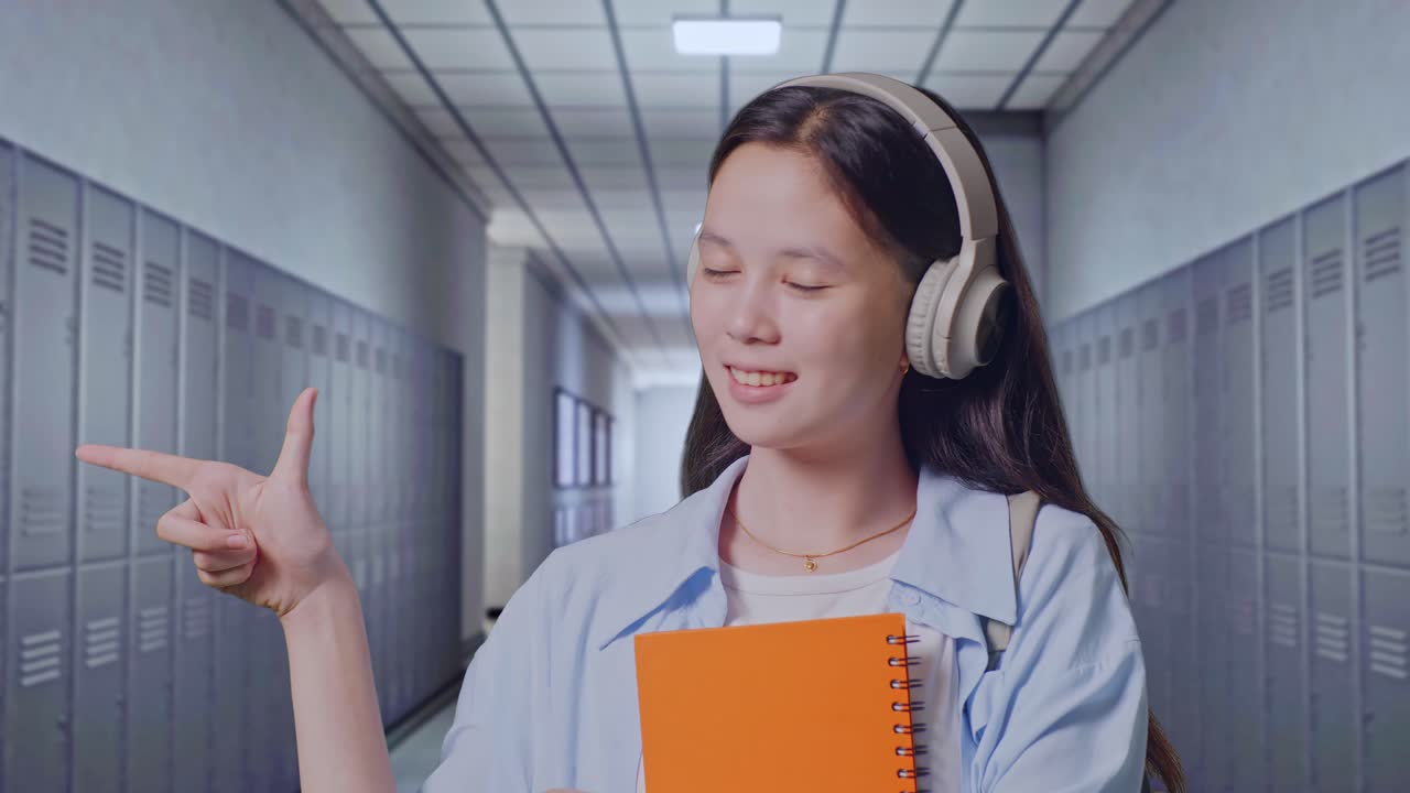 복도 에 서 있는 동안 웃고  을 가리키는 책 들 을 들고 있는 아시아 청소년 여자 학생 의 근접 사진