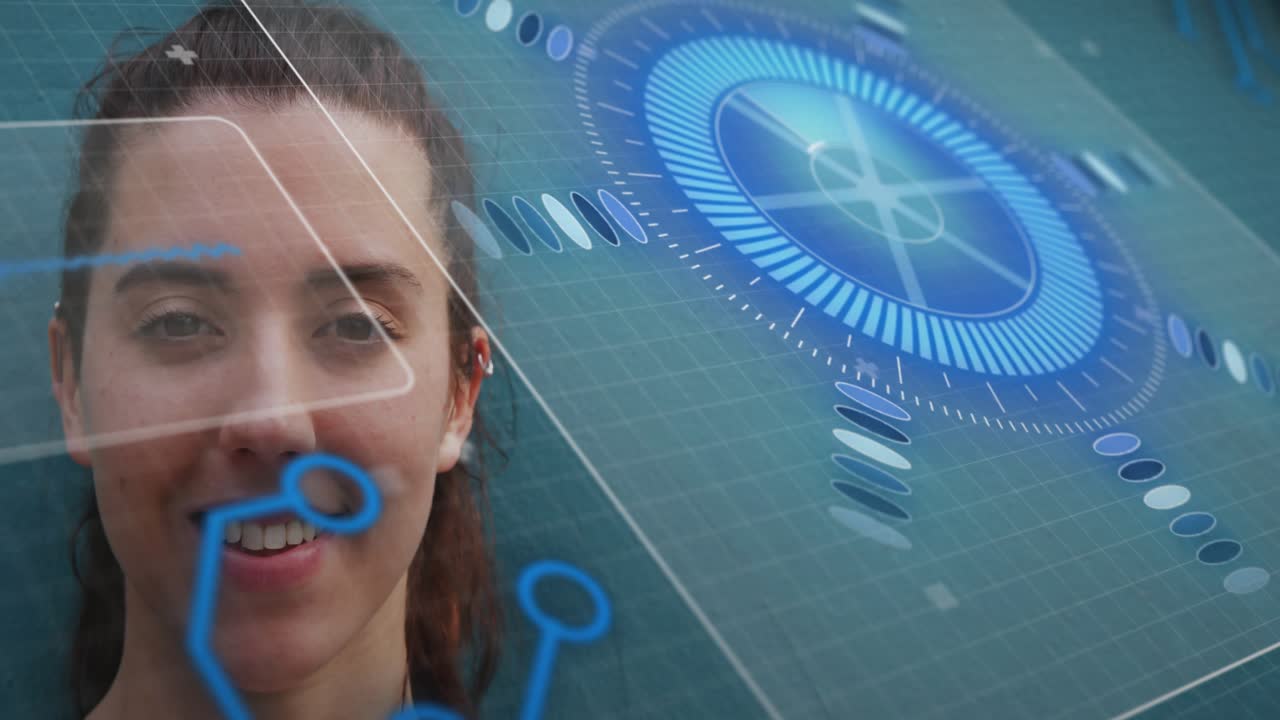 Woman smiling, HUD panel appearing, blue dial rotating and circuits scanning for facial AR