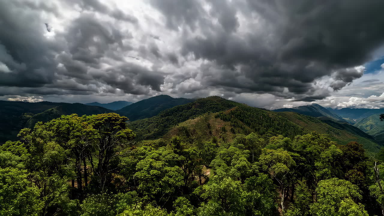 Mountainous Forest Landscape Under a Stormy Sky