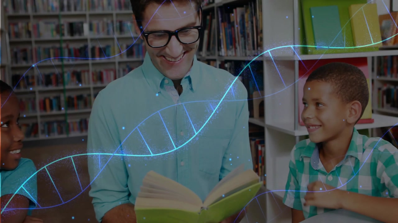 Reader opening green book and reading in library, teaching children with animated DNA helix passing