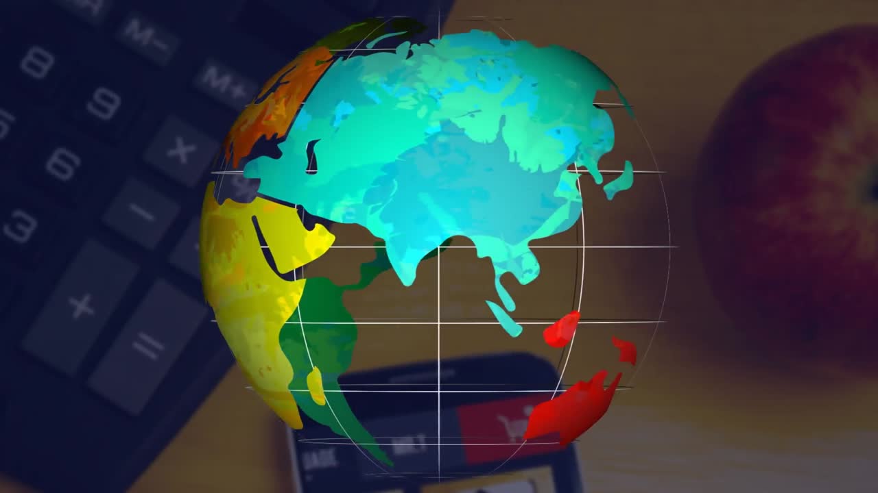animación del globo sobre calculadora, teléfono inteligente y manzana en el escritorio