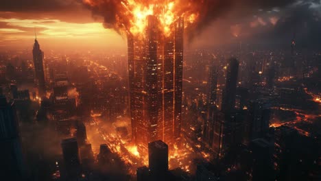 burning skyscraper in a futuristic city