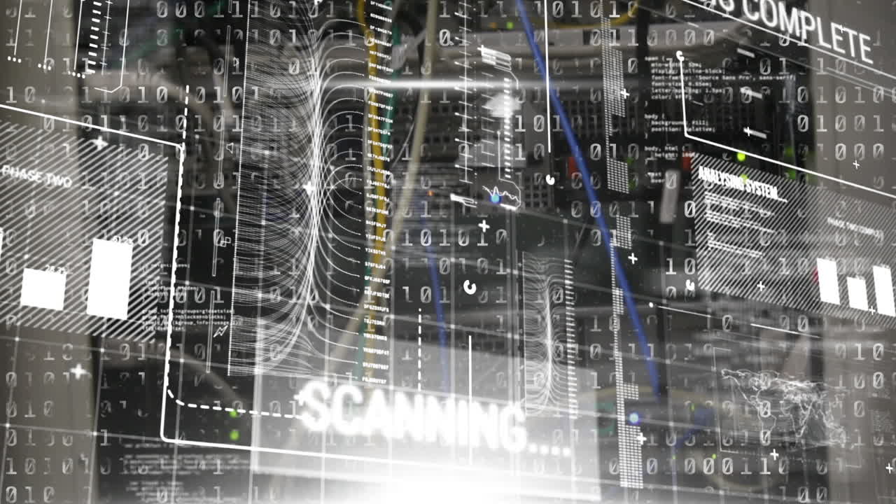 Animation of data processing and diagram over server room