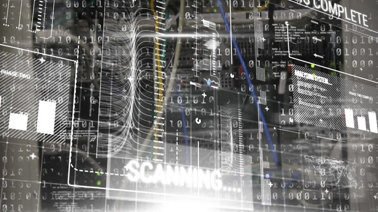 Animation of data processing and diagram over server room