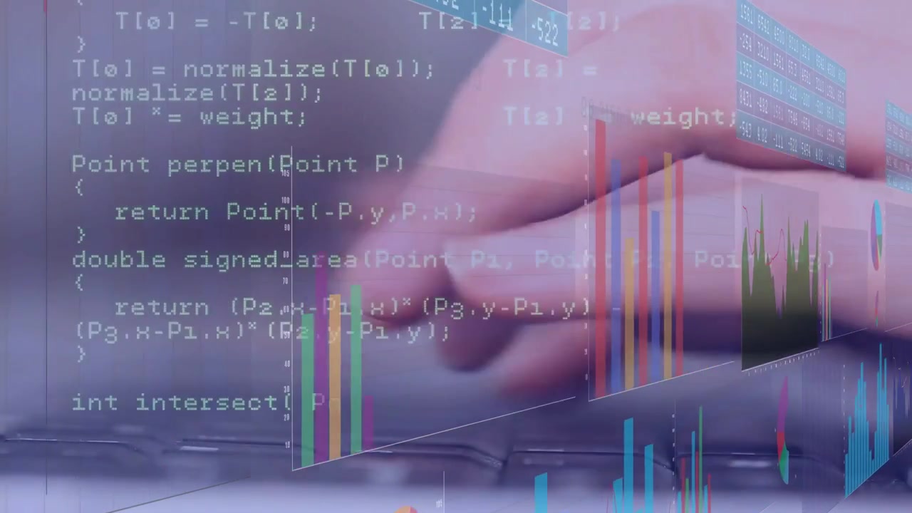 Mani che digitano su un laptop, premendo il primo tasto e avviando il codice, con grafici che si fondono per l'analisi dei dati