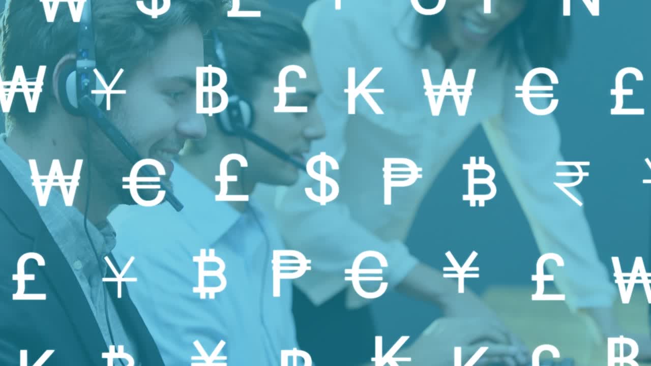Animazione di icone di valuta online su diverse persone d'affari che indossano cuffie telefoniche
