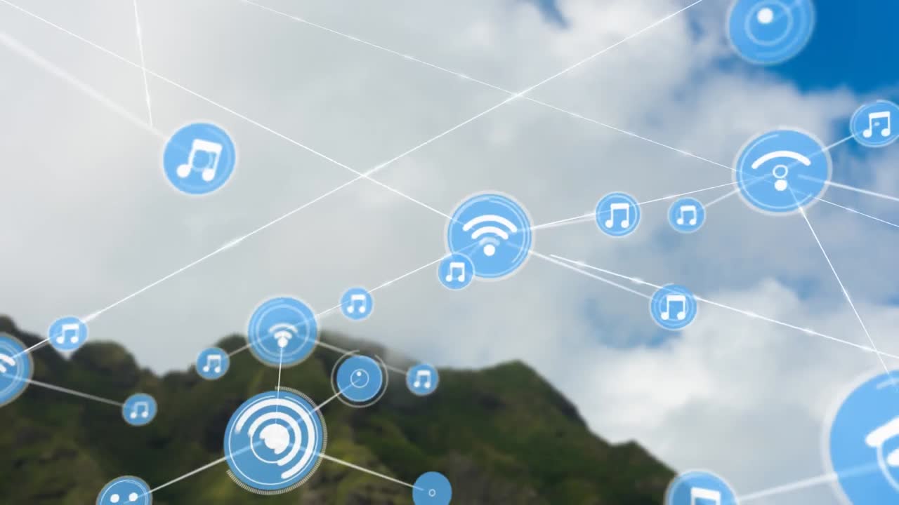 animación de la red de conexiones con iconos sobre el paisaje