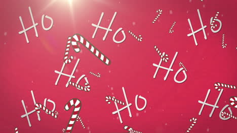 Animación-Del-Texto-Ho-Ho-Ho-Sobre-Nieve-Cayendo-Y-Bastones-De-Caramelo-Sobre-Fondo-Rojo