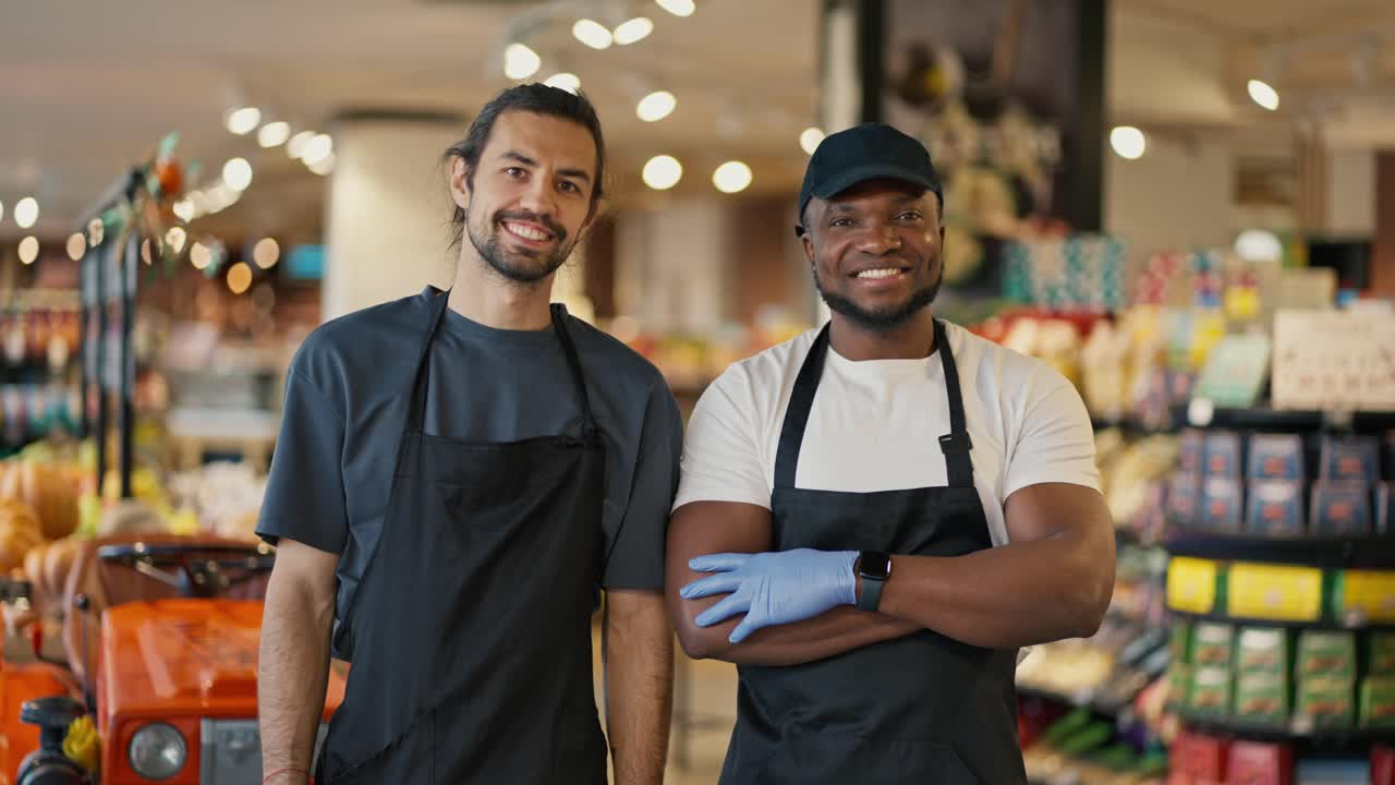 Portrait of a happy man with Black skin in a white T-shirt and a black apron with his colleague a man with a beard in a gray T-shirt and a black apron while they work in a large supermarket